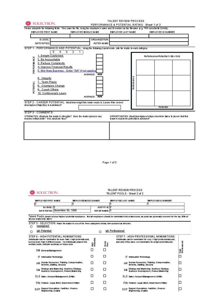 Talent Review Process Performance & Potential Rating - Sheet 1 of 2 ...
