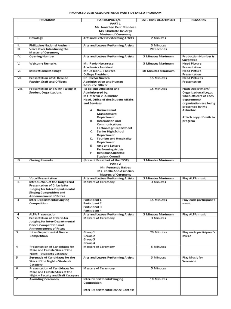 2018 Acquaintance Party Program Outline | PDF | Entertainment (General)