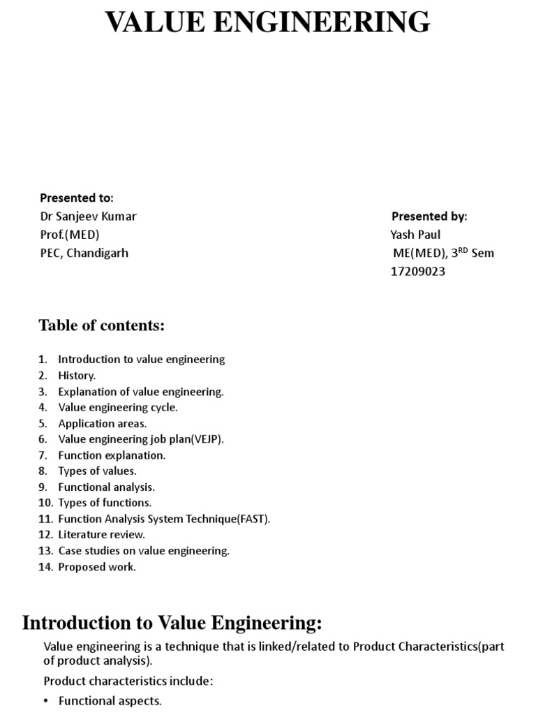 Value Engineering: Presented To | PDF | Engineering | Design
