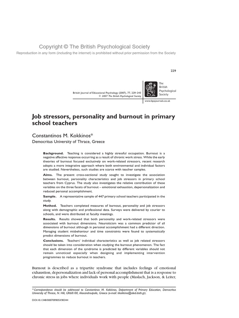 Job Stressors, Personality and Burnout in Primary School Teachers | PDF ...