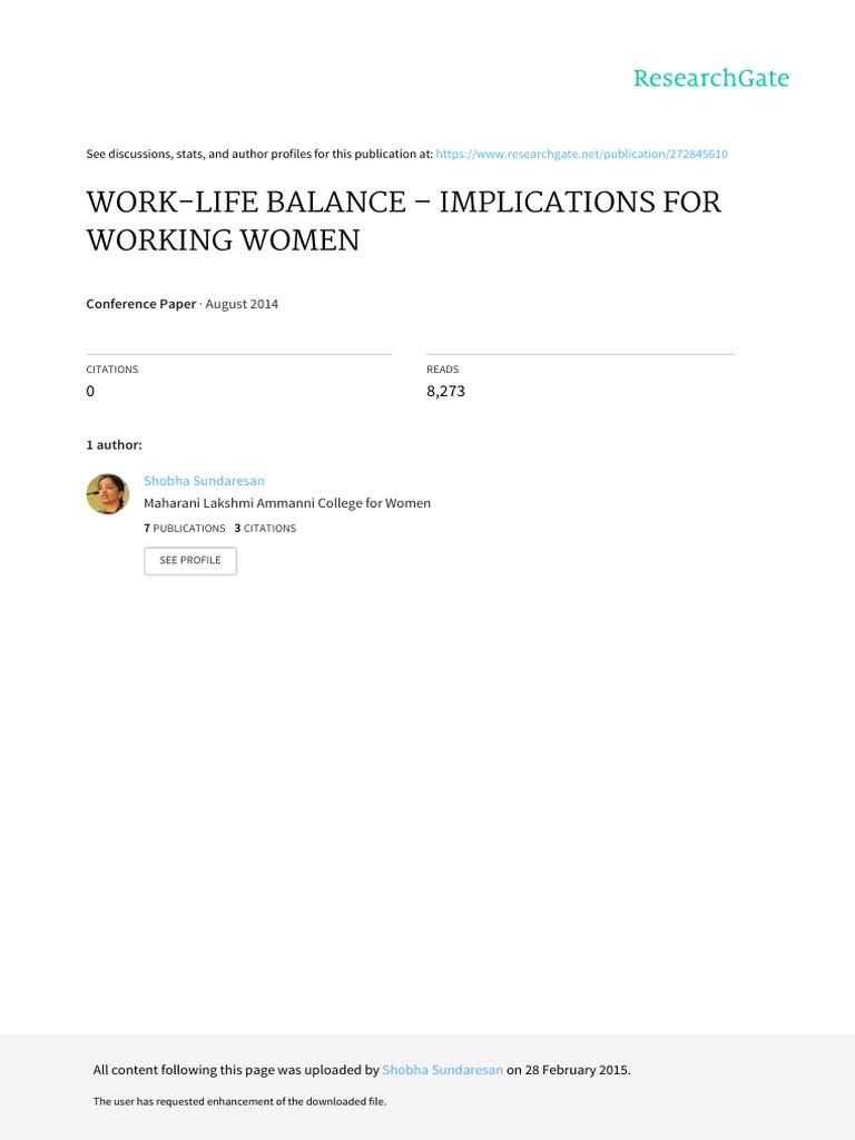 Work-Life Balance - Implications For Working Women: August 2014 | PDF ...