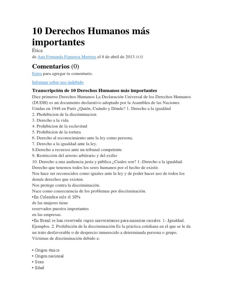 10 Derechos de Los Humanos | Descargar gratis PDF | Derechos humanos ...