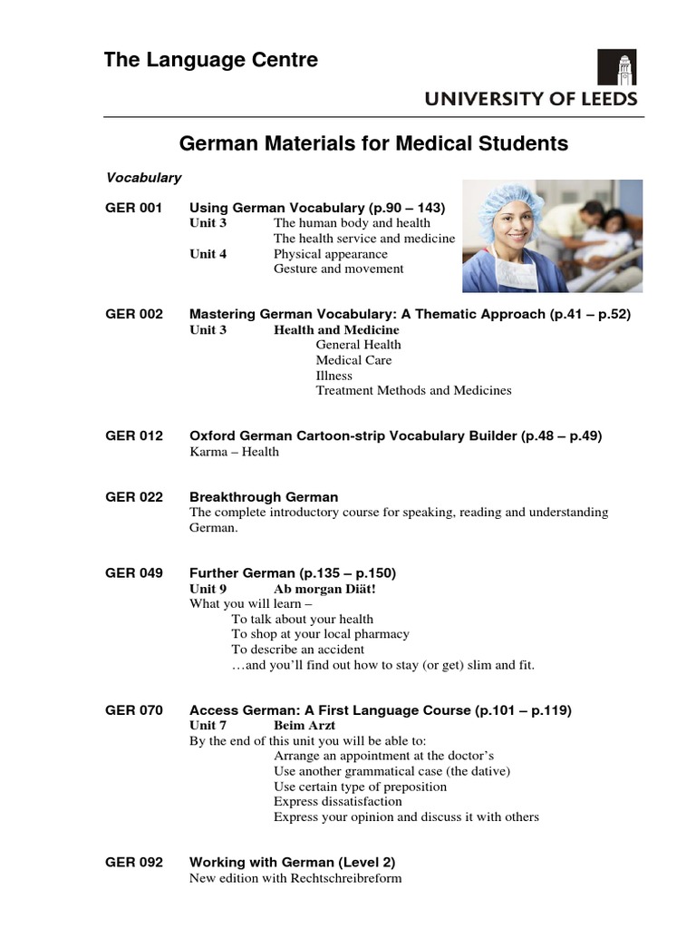 German Medical Vocabulary PDF  German Language  Health Care