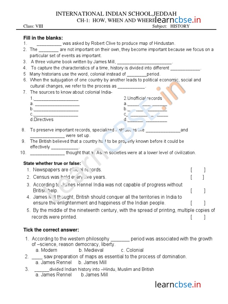 Cbse Class 8 History Worksheet How When and Where PDF British Raj