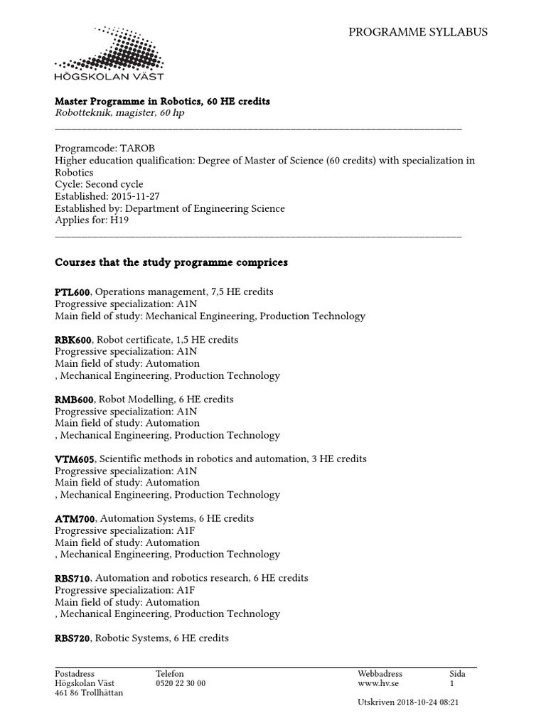 Robotics Master Program University Väst | PDF | Academic Degree