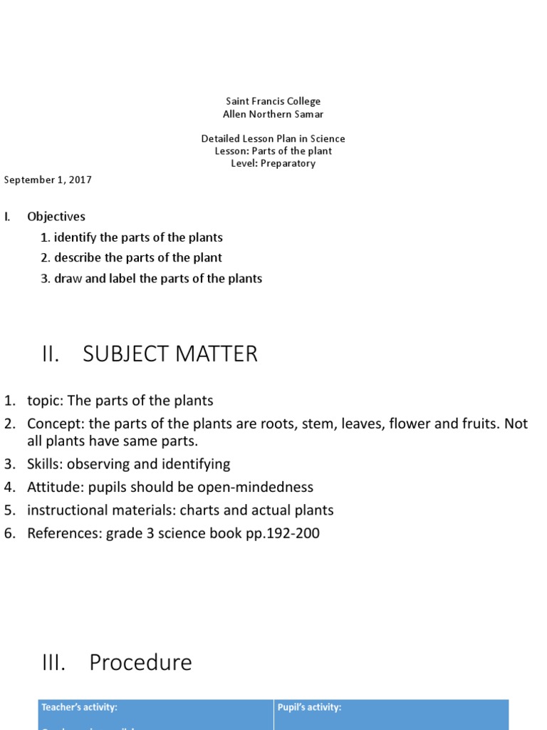 I. Objectives 1. Identify The Parts of The Plants 2. Describe The Parts