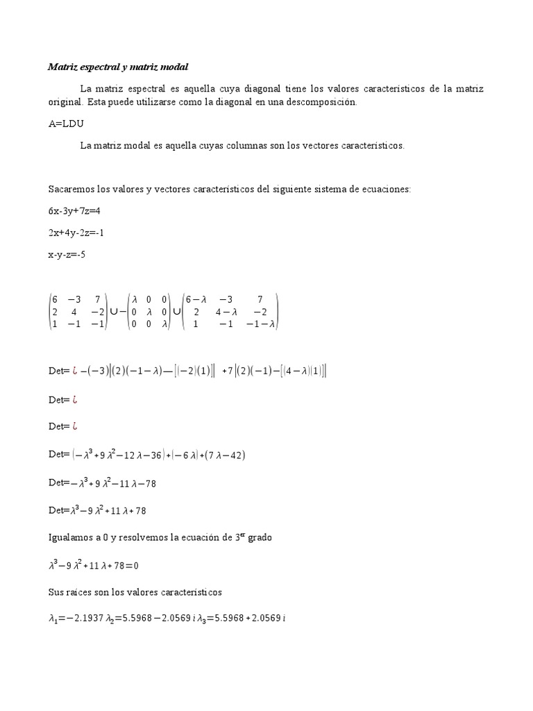 Matriz Espectral y Matriz Modal | PDF | Matriz (Matemáticas) | Teoría ...