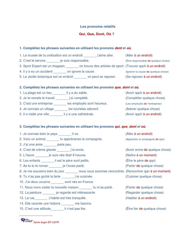 Les Pronoms Exercices Corrigés Pdf Les Pronoms Relatifs Qui, Que, Dont Et Ou Exercices | PDF | Échecs | Jeux  et activités