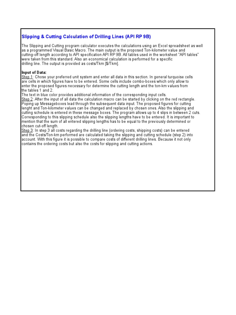 Drilling Line Slip & Cut Calculation Guide | PDF | Spreadsheet | Computing