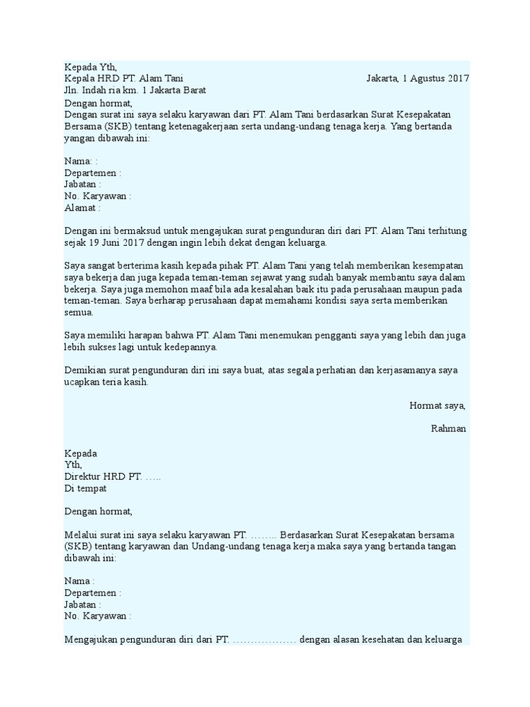 Contoh Surat Pengunduran Diri Kerja Dengan Alasan Keluarga