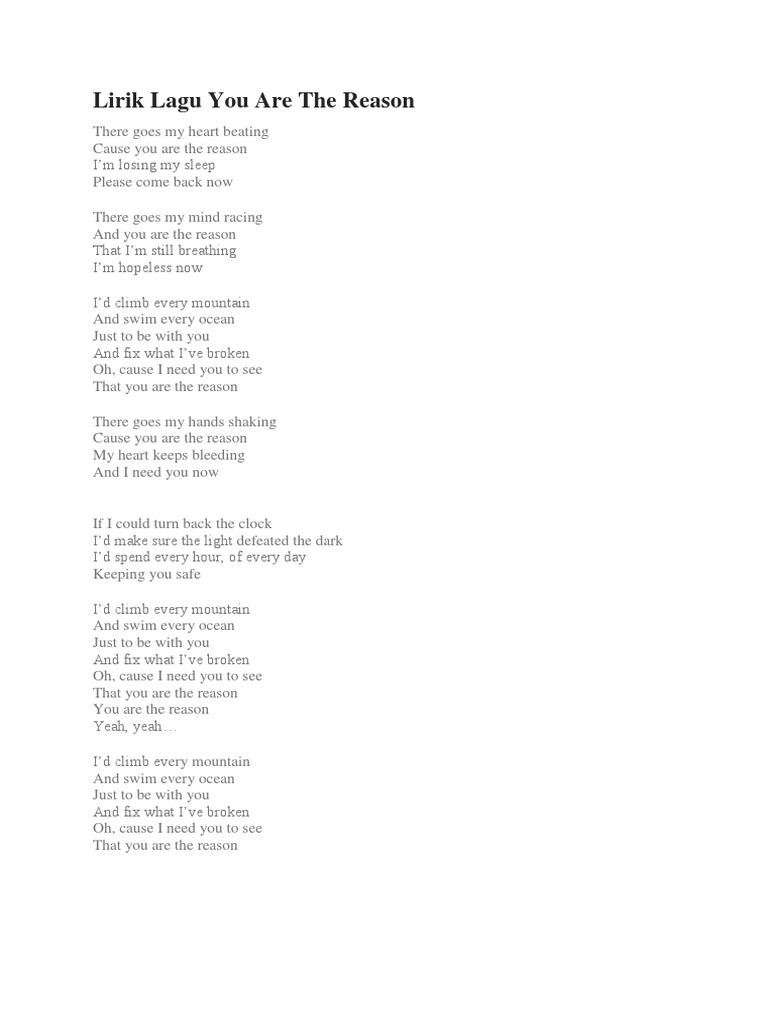 Lirik Lagu You Are The Reason Nature Scott explained the story behind the song: lirik lagu you are the reason nature