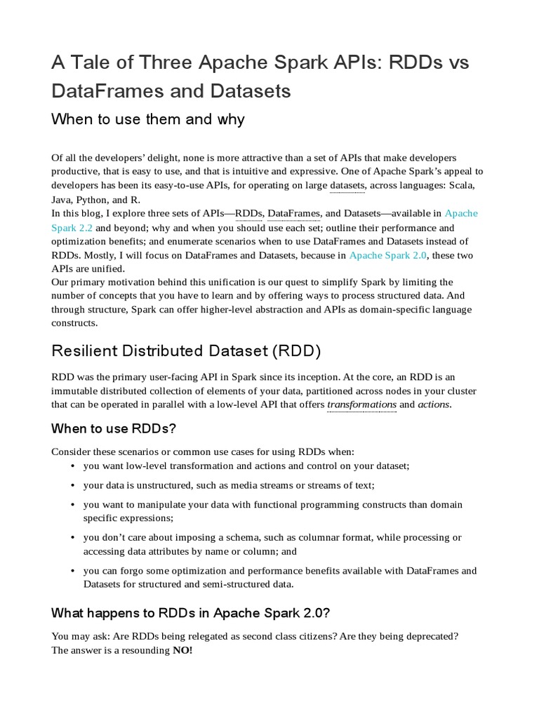RDDs, DataFrames, and Datasets in Spark | PDF | Apache Spark | Software ...