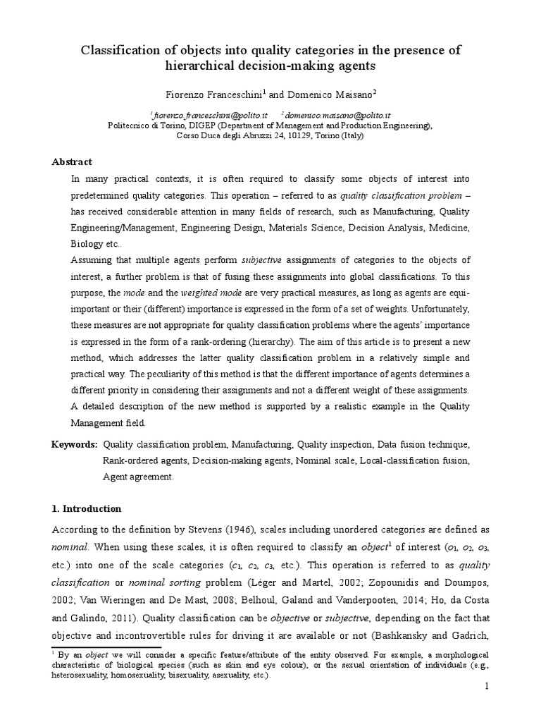 Classification of Objects Into Quality Categories in The Presence of ...