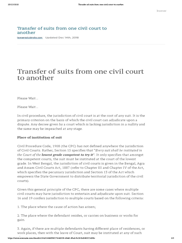 Transfer of Suits From One Civil Court To Another PDF Lawsuit Transfer of Suits From One Civil Court To Another PDF Lawsuit