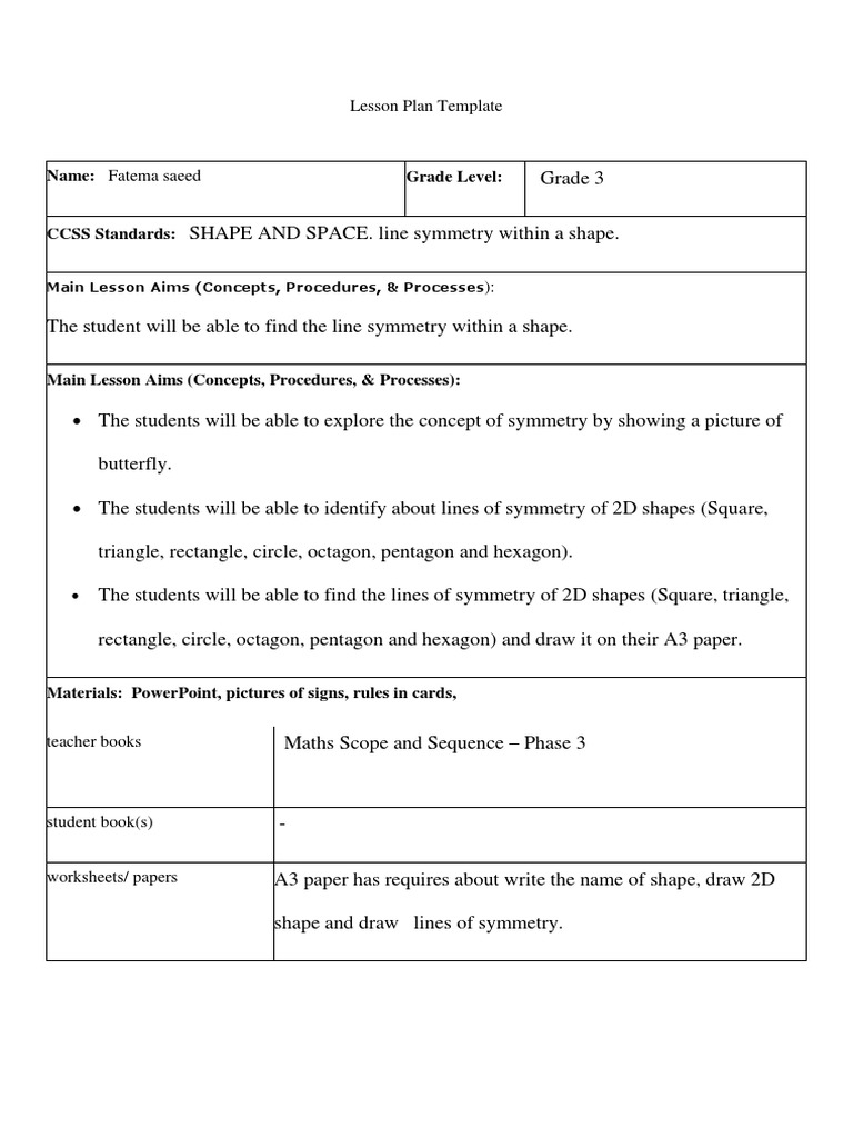 Grade 3 Lesson Plan: Line Symmetry | PDF | Shape | Triangle