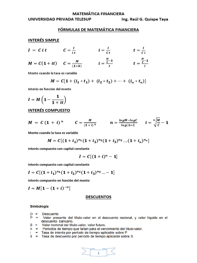 Fórmulas de Matemática Financiera | PDF | Finanzas Matemáticas | Economias