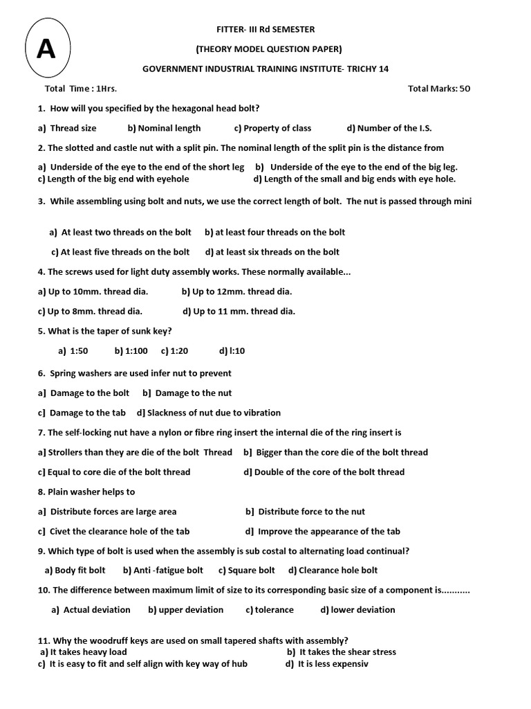 ITI Fitter Exam Model Question Paper | PDF | Engineering Tolerance | Screw