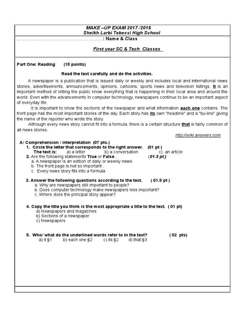 MAKE UP EXAM 2017 /2018 Sheikh Larbi Tebessi High School Name