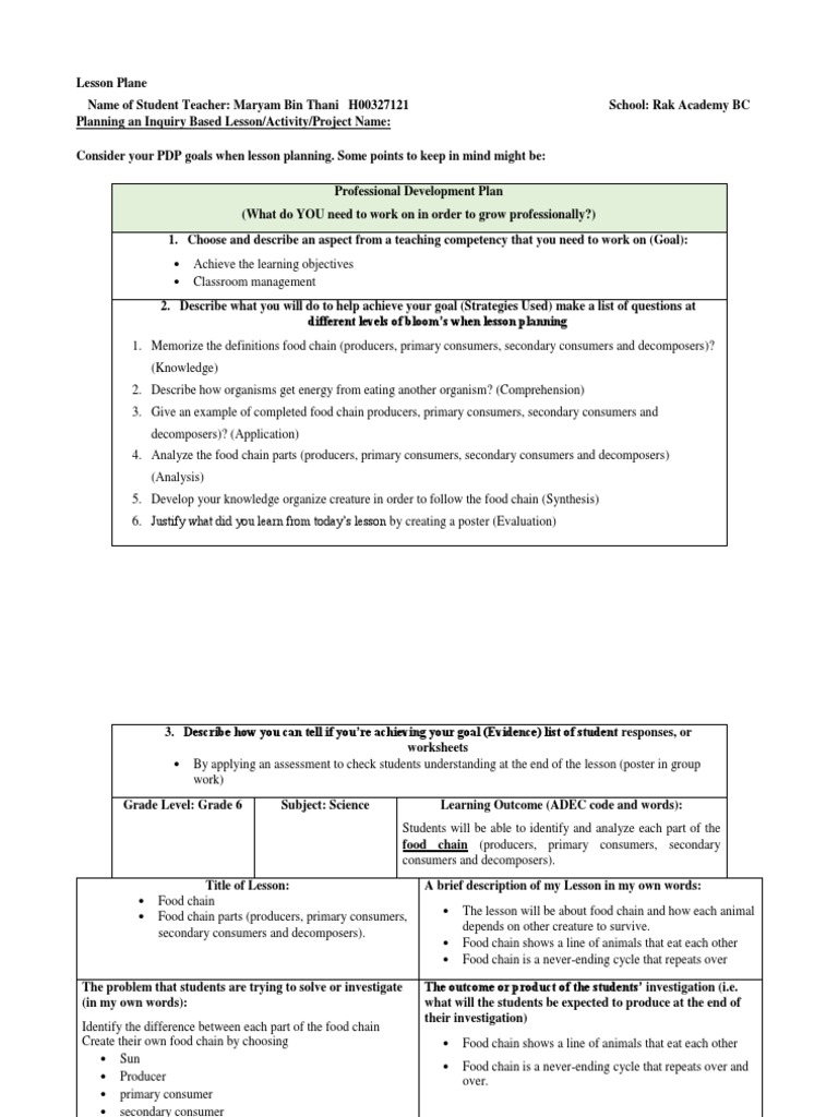 Lesson Plan of Food Chain Biology Diagrams