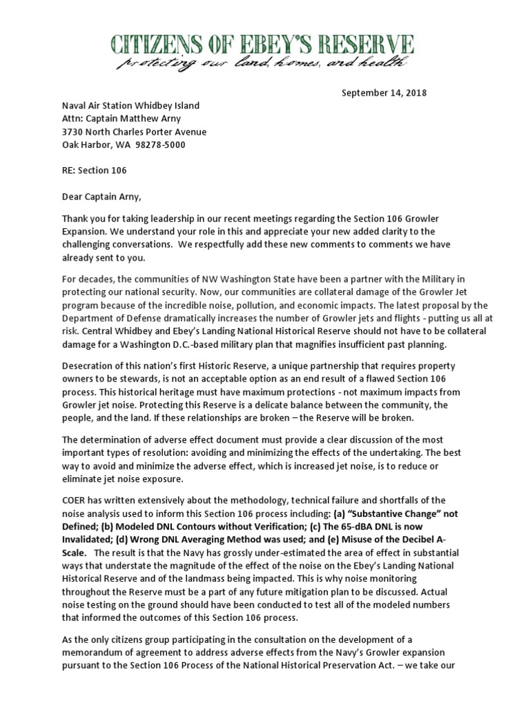 2018 09 14 COER Letter To Naval Air Station Whidbey Island RE Section 