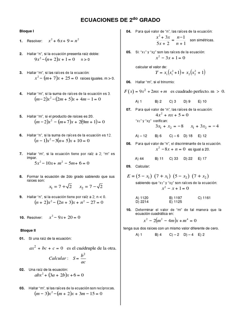 Ecuaciones De 2do Grado Ecuaciones Algebra