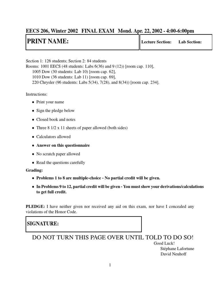 Print Name:: EECS 206, Winter 2002 FINAL EXAM Mond. Apr. 22, 2002 - 4: ...