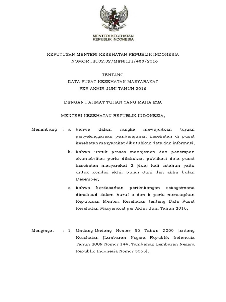 Kmk No Hk 02 02 Menkes 488 2016 Ttg Data Puskesmas Per Akhir Juni Tahun 2016 Pdf