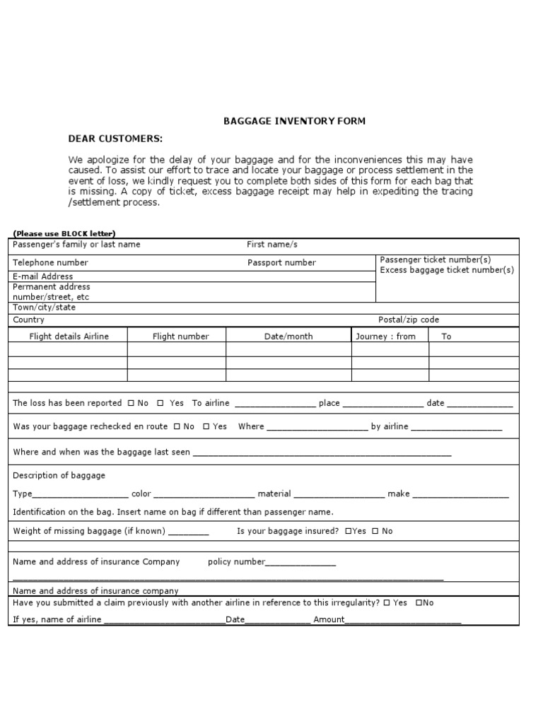 Baggage Inventory Form Dear Customers (Please Use BLOCK Letter) PDF Baggage Insurance