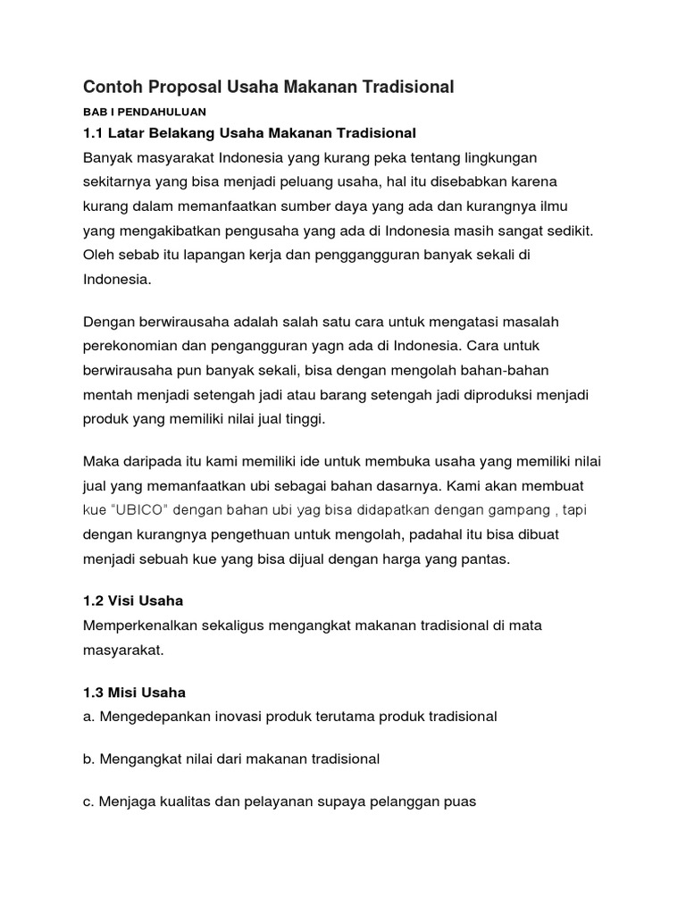 Contoh Proposal Usaha Makanan Tradisional | PDF