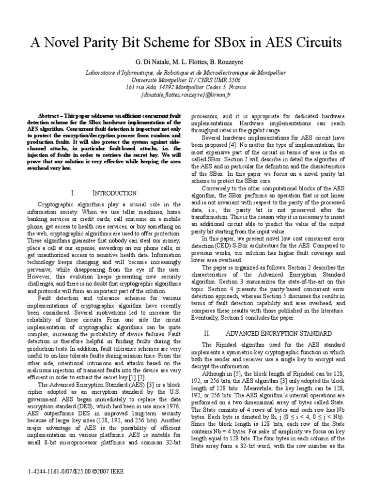 A Novel Parity Bit Scheme For Sbox in Aes Circuits: 'L1Dwdoh0/) Orwwhv ...