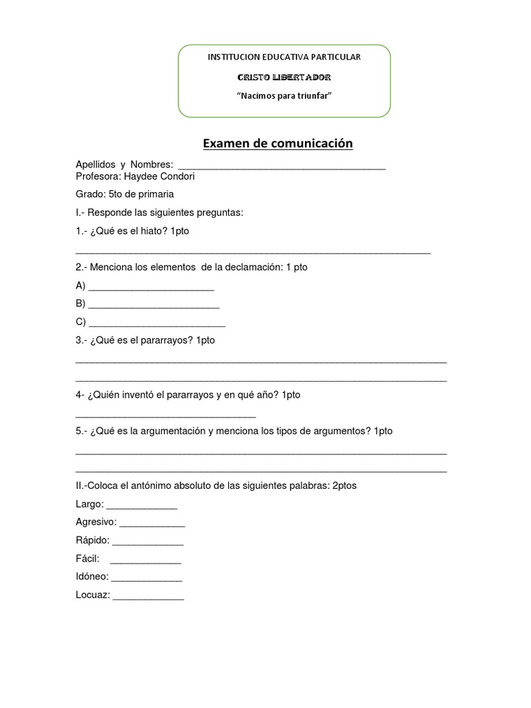 Examen de Comunicación 5to Grado | PDF | Oración (Lingüística) | Filología