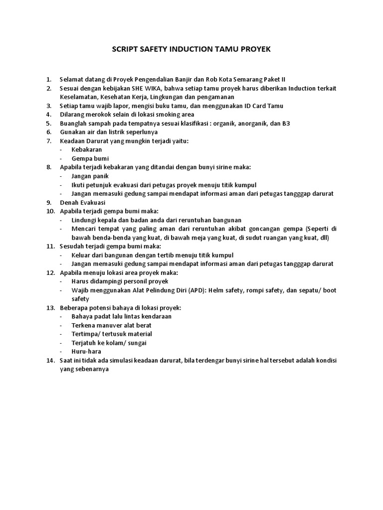 Script Safety Induction Tamu Proyek | PDF