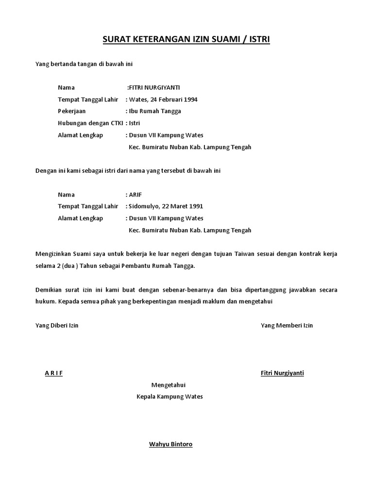 Contoh Surat Izin Suami