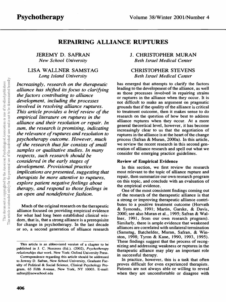 Safran 1993: REPAIRING ALLIANCE RUPTURES | Download Free PDF ...