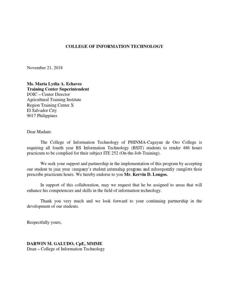 OJT Recommendation Letter - Agricultural Training Institute | PDF