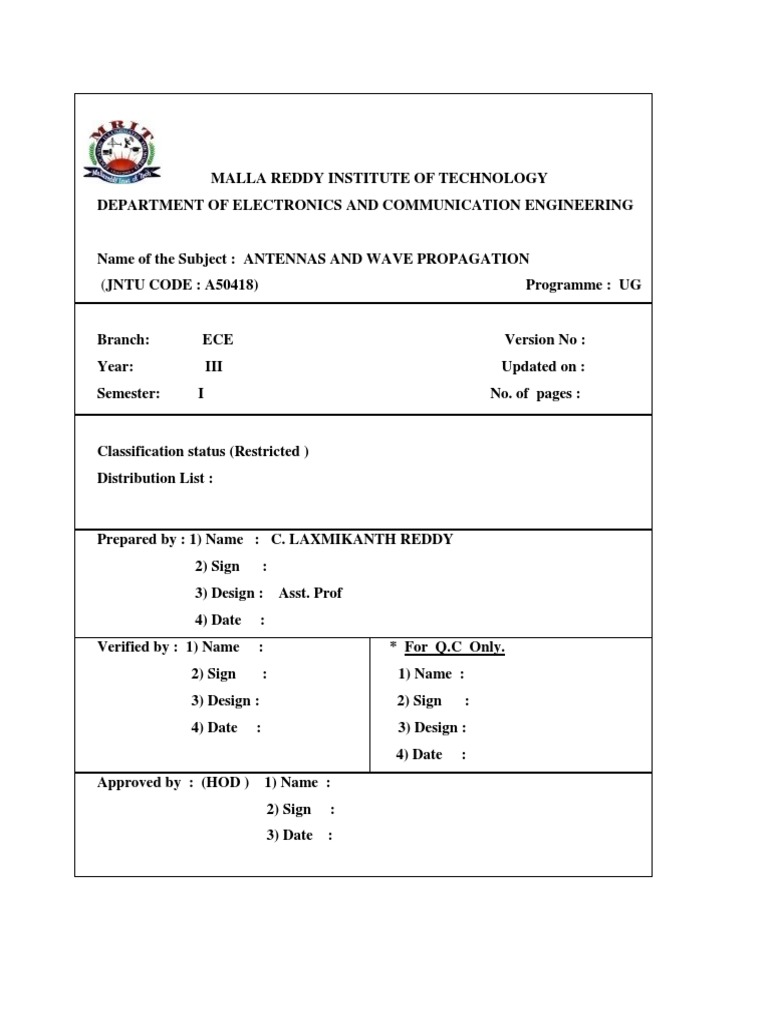 Syllabus for Antennas and Wave Propagation Course Covering Fundamental