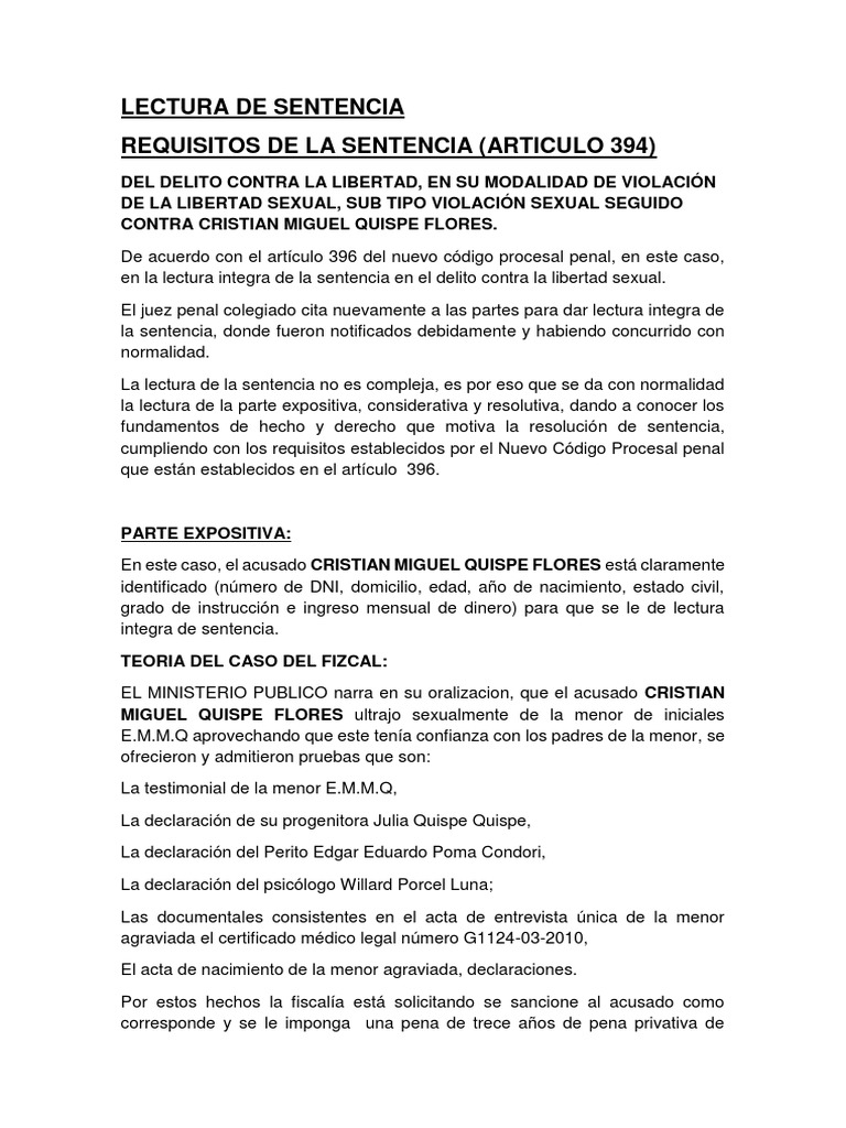Lectura de Sentencia Penal a Quispe | PDF | Violación | Derecho penal