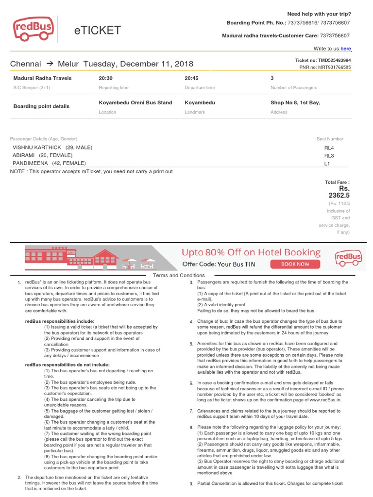 RedBus Ticket TMD525483984 Ticket (Admission) Bus