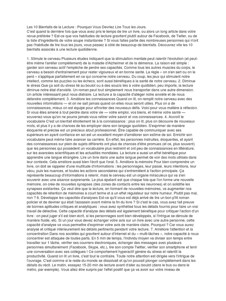 10 Bienfaits de la Lecture Quotidienne | PDF | Lexique | Cerveau
