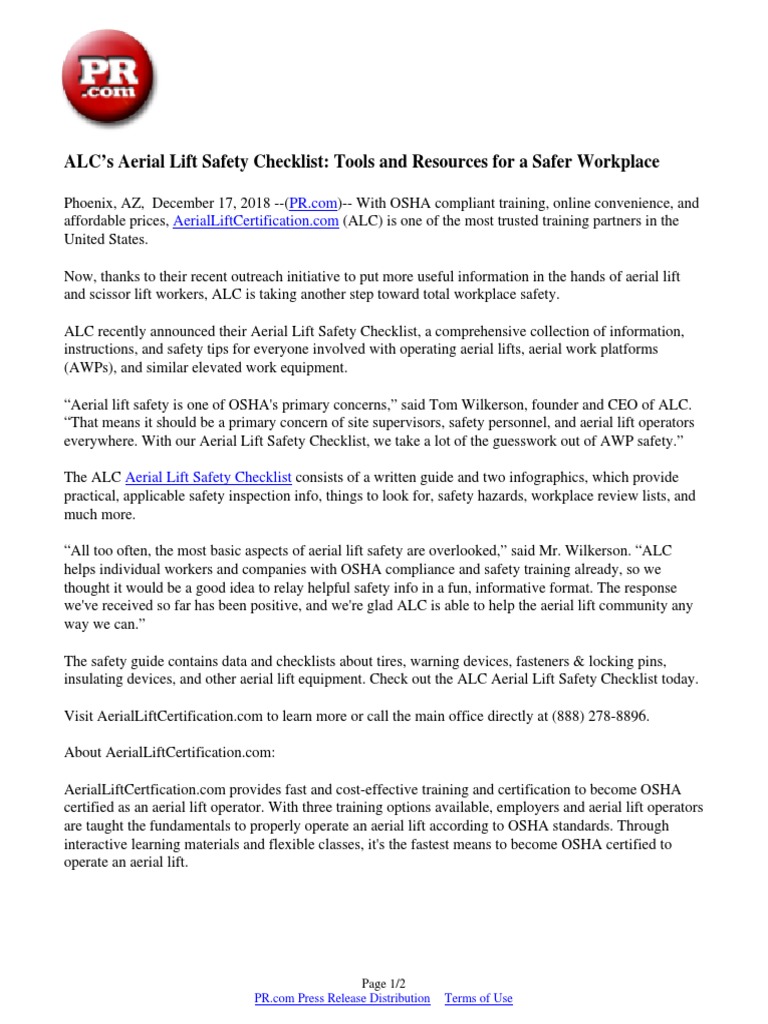 ALC’s Aerial Lift Safety Checklist Tools and Resources for a Safer