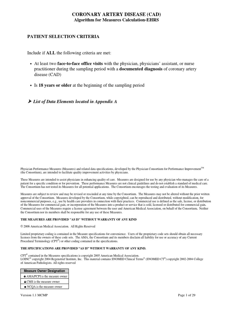 Coronary Artery Disease (Cad) : Algorithm For Measures Calculation-EHRS ...