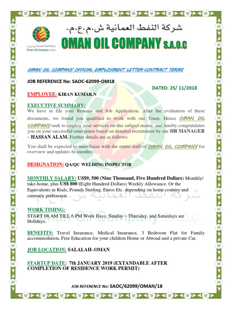Oman Oil Company Employment Letter Employment Travel Visa Free 30