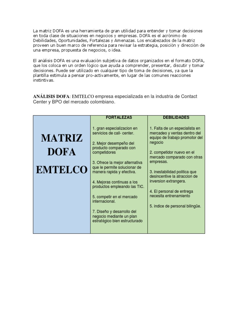 Análisis DOFA de EMTELCO en BPO | PDF | Análisis FODA | Marketing