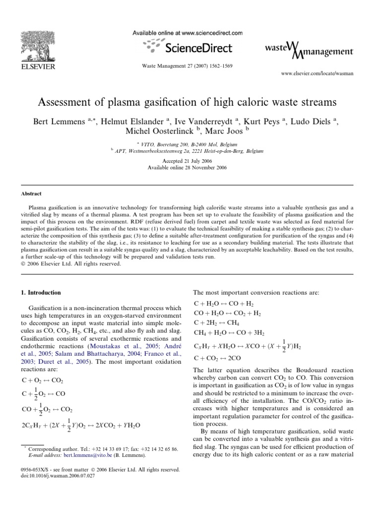 Assessment of Plasma Gasification of High Caloric Waste Streams | PDF ...