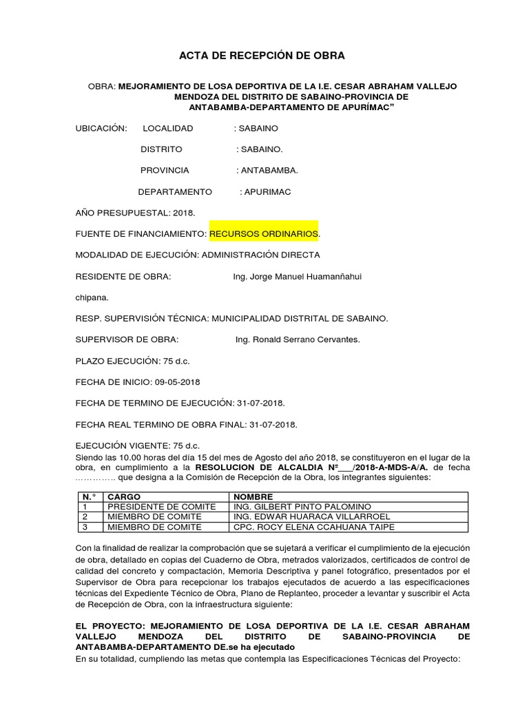 Acta de Recepcion de Obra | PDF | Gobierno