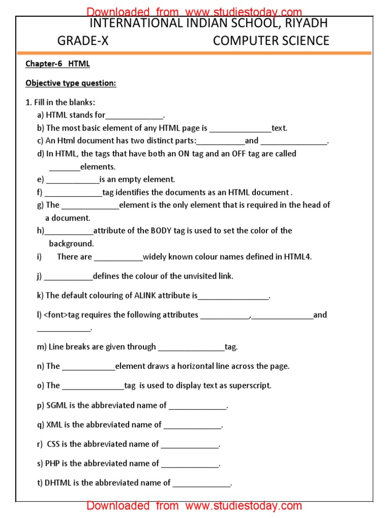 CBSE Class 10 Computer Science - HTML | PDF | Html Element | Html