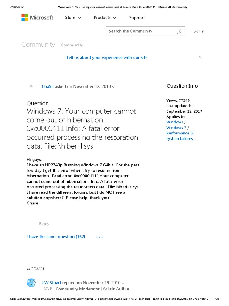 Windows 7 Your Computer Cannot Come Out of Hibernation 0xc0000411