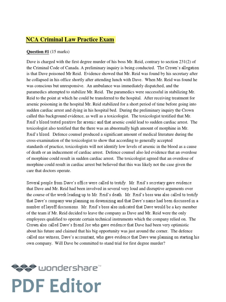 3) NCA Criminal Law Sample Exam2 PDF Assault Cardiac Arrest