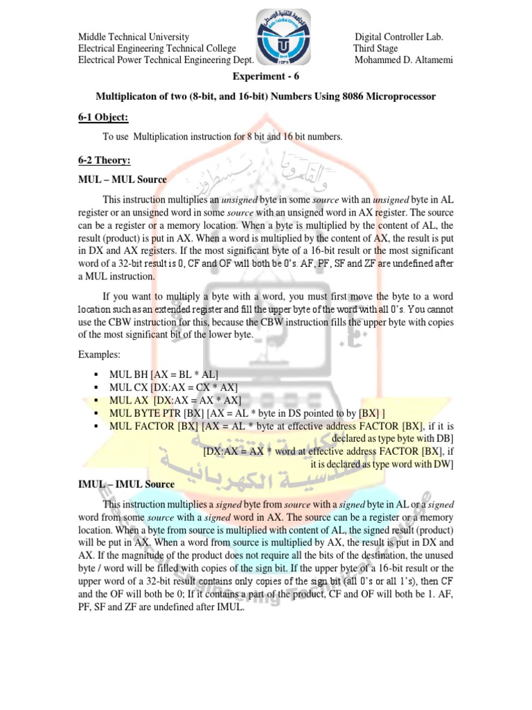 Exp-No6 Multiplication of 8 Bit and 16-Bit Numbers | PDF | Office ...