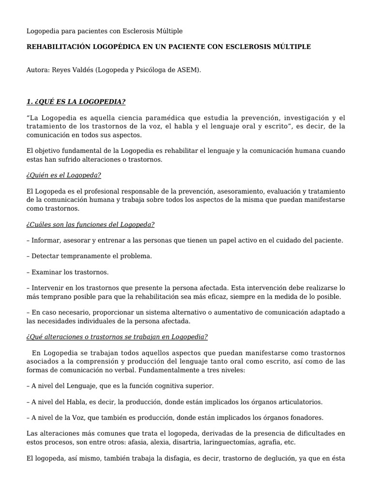 Logopedia en Esclerosis Múltiple | PDF | Patología del habla y Lenguaje ...